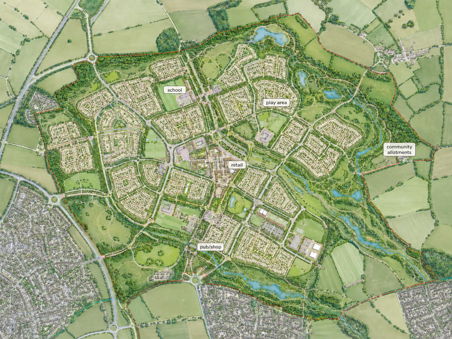 Labelled Boyd Park masterplan showing proposed neighbourhoods, green spaces and community facilities