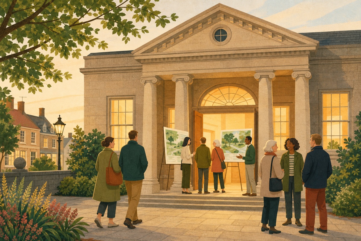 Illustration of residents arriving at a public exhibition in a town hall