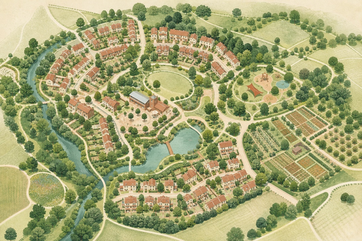 Illustrated garden village masterplan with homes, green spaces, water and community facilities
